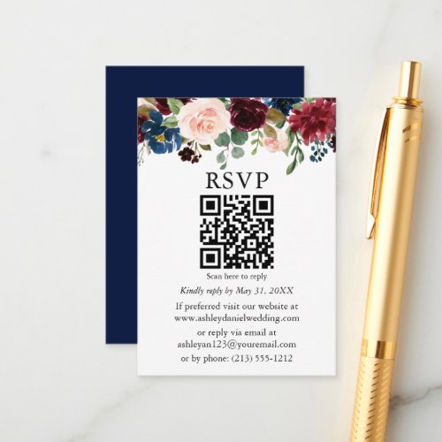 Watercolor Mixed Floral Wedding Blue QR RSVP Enclosure Card