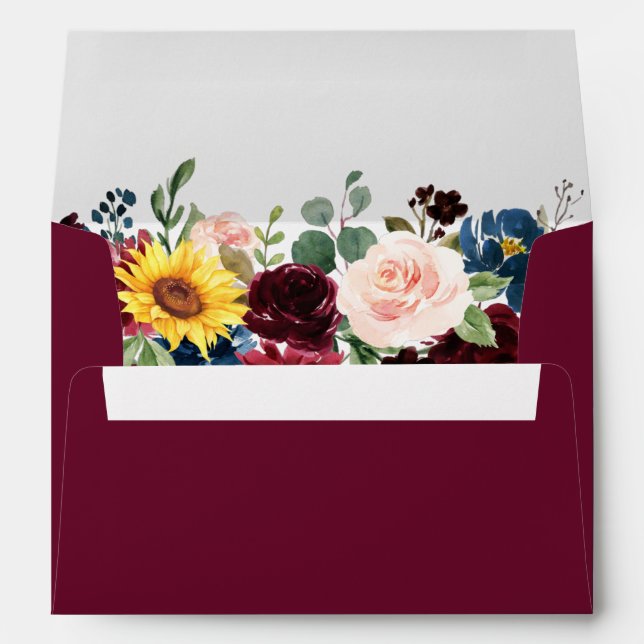 Watercolor Mixed Floral Wedding Burgundy Envelope (Back (Bottom))