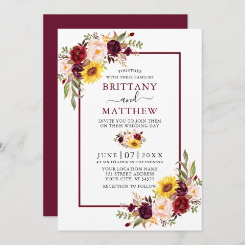 Watercolor Mixed Floral Wedding Burgundy Frame Invitation