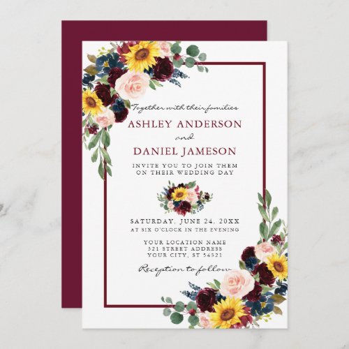 Watercolor Mixed Floral Wedding Burgundy Frame Invitation