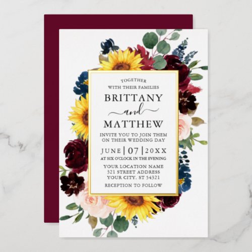 Watercolor Mixed Floral Wedding Burgundy Gold Foil Invitation