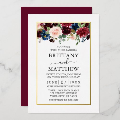 Watercolor Mixed Floral Wedding Burgundy Gold Foil Invitation