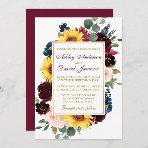 Watercolor Mixed Floral Wedding Burgundy Gold Invitation