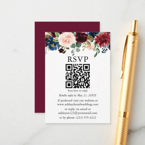 Watercolor Mixed Floral Wedding Burgundy QR RSVP Enclosure Card
