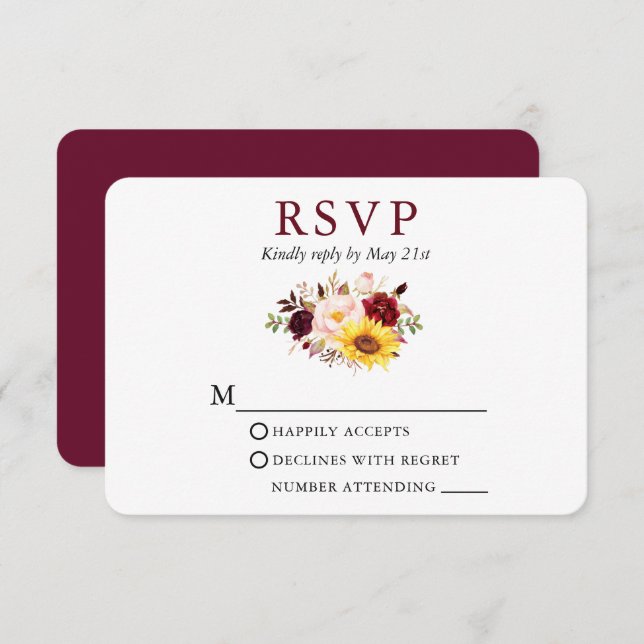 Watercolor Mixed Floral Wedding Burgundy RSVP Card (Front/Back)
