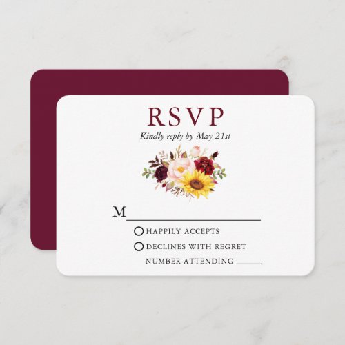 Watercolor Mixed Floral Wedding Burgundy RSVP Card