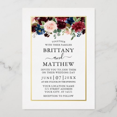 Watercolor Mixed Floral Wedding Elegant Gold Foil Invitation