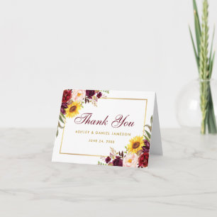 Watercolor Mixed Floral Wedding Gold Note Letterpress Thank You Card