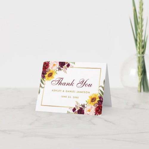 Watercolor Mixed Floral Wedding Gold Note Thank You Card