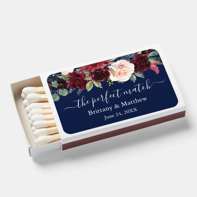 Watercolor Mixed Floral Wedding Perfect Blue Matchboxes (Front Open)