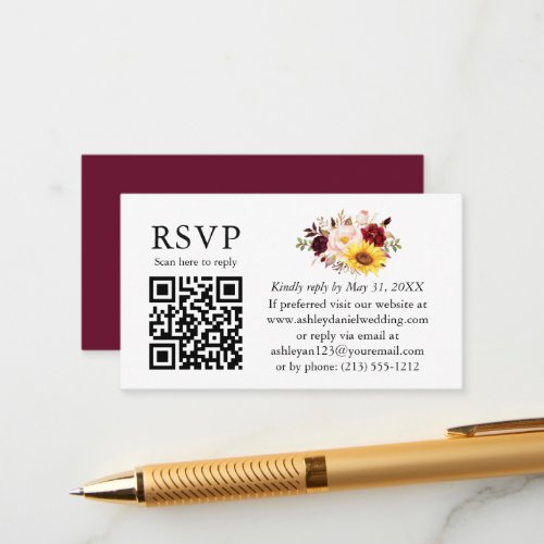 Watercolor Mixed Floral Wedding QR RSVP Burgundy Enclosure Card