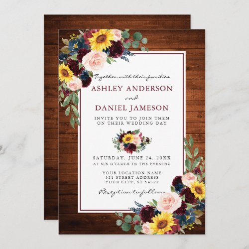 Watercolor Mixed Floral Wood Burgundy Wedding Invitation