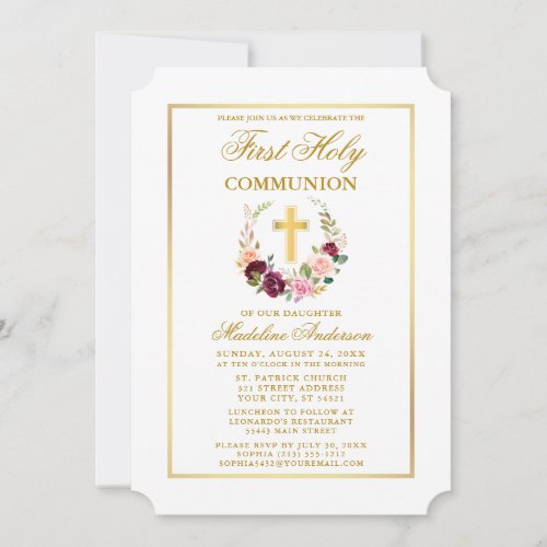 Watercolor Mixed Floral Wreath First Communion Invitation