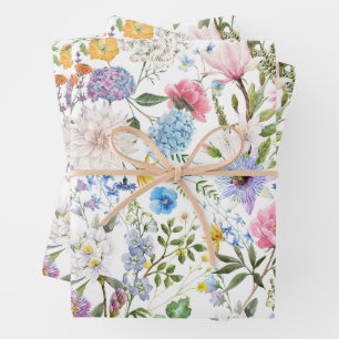Watercolor Mixed Garden Flowers Wrapping Paper Sheets