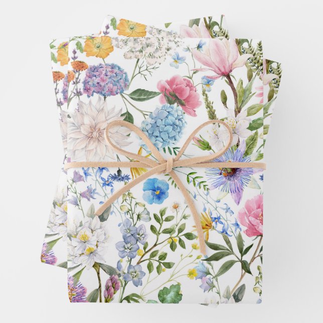 Watercolor Mixed Garden Flowers  Wrapping Paper Sheets (In situ)