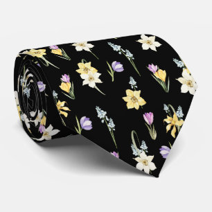 Watercolor Mixed Garden Spring Flowers Black Neck Tie