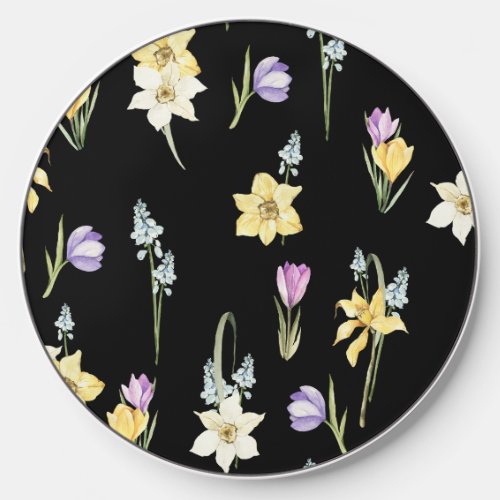 Watercolor Mixed Garden Spring Flowers Black  Wireless Charger