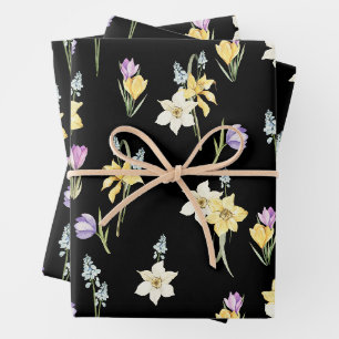 Watercolor Mixed Garden Spring Flowers Black  Wrapping Paper Sheets