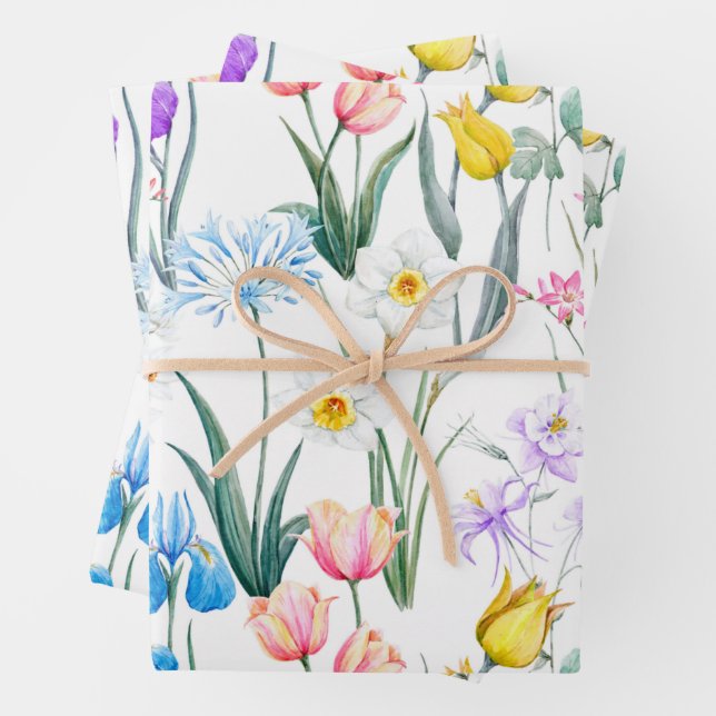 Watercolor Mixed Spring Flowers - Tulips, Daffodil Wrapping Paper Sheets (In situ)
