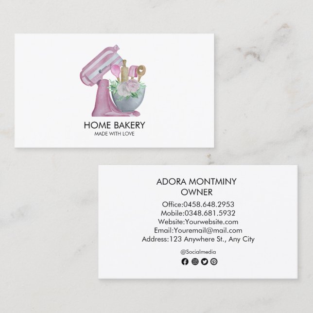 Watercolor Mixer and Flowers Baking  Business Card (Front/Back)
