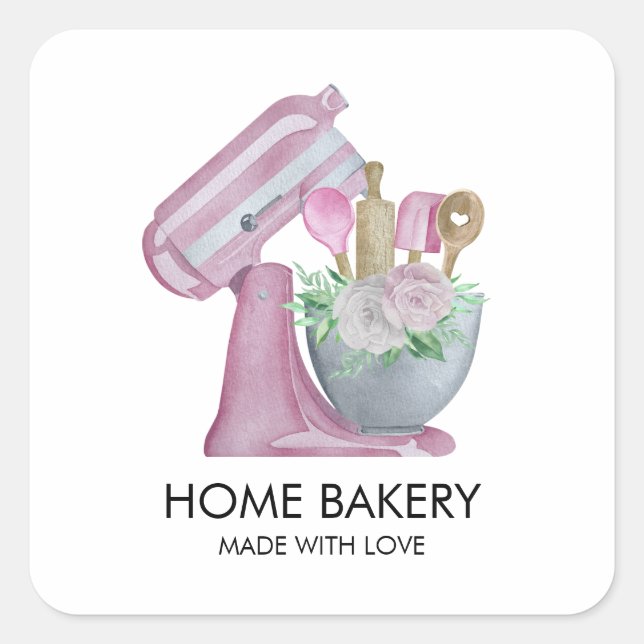 Watercolor Mixer and Flowers Baking  Square Sticker (Front)
