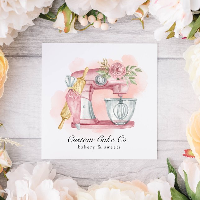 Watercolor Mixer Cake + Bakery Pink Business Card (Creator Uploaded)