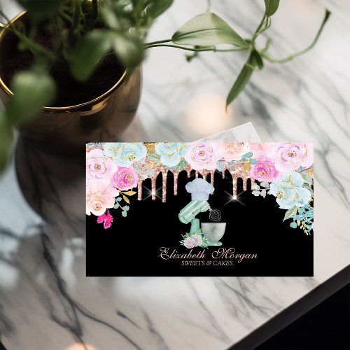 Watercolor Mixer Flowers Rose Gold Drips Bakery  Business Card