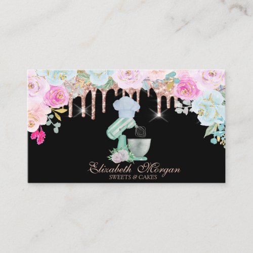 Watercolor Mixer Flowers Rose Gold Drips Bakery  Business Card