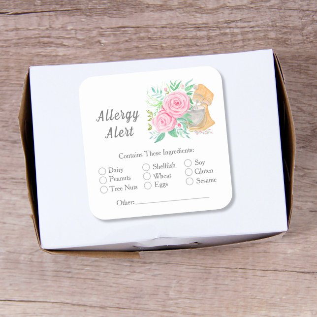 Watercolor Mixer With Roses Bakery Allergy Alert Square Sticker (Creator Uploaded)