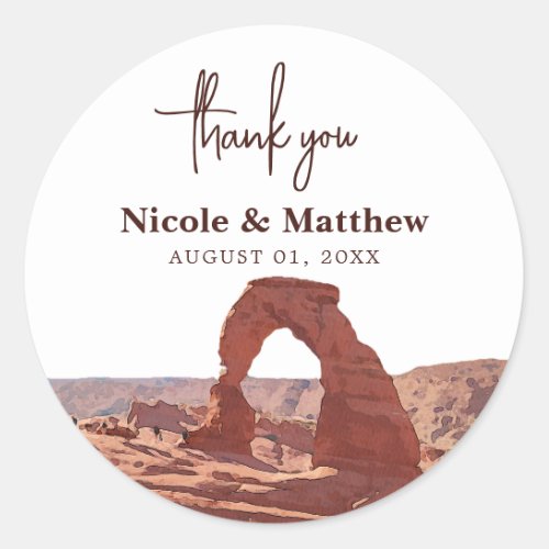 Watercolor Moab Arches Park Utah Wedding thank you Classic Round Sticker