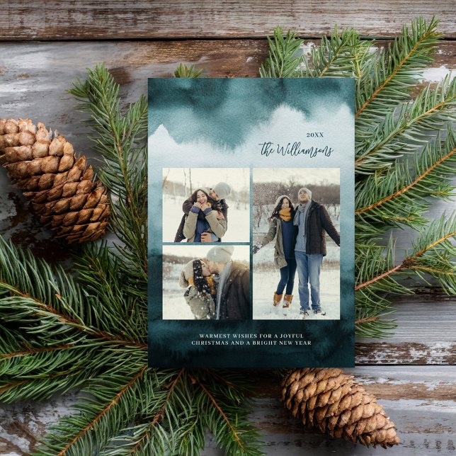 Watercolor Modern 3 Photo Holiday Card (Creator Uploaded)