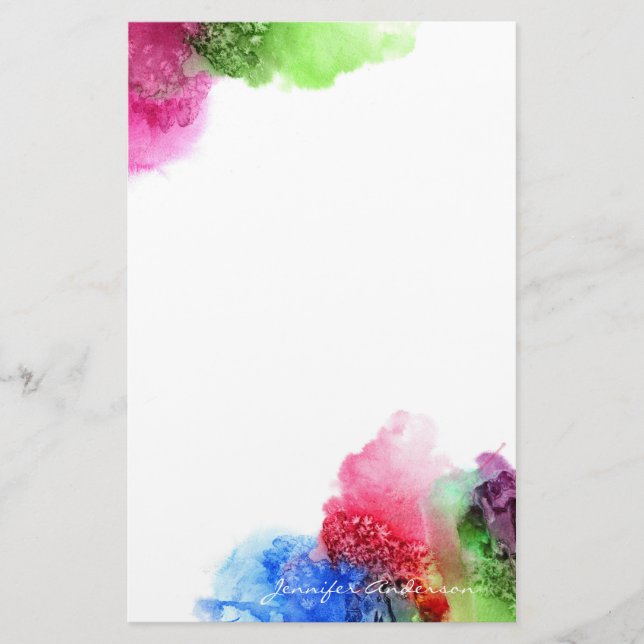 Watercolor Modern Blue Green Red Personalized Stationery (Front)