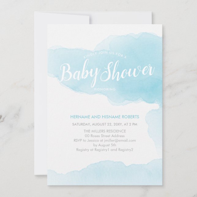 Watercolor Modern Blue Splash Clean Baby Shower Invitation (Front)