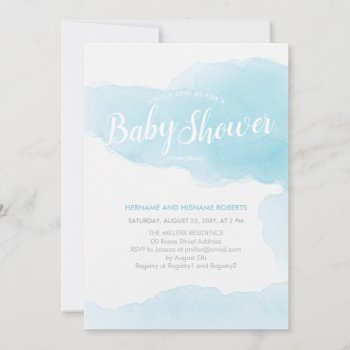 Watercolor Modern Blue Splash Clean Baby Shower Invitation by pinkpinetree at Zazzle