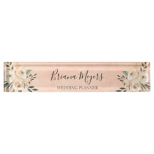 Watercolor Modern Blush Peach Hydrangeas Business  Desk Name Plate (Front)