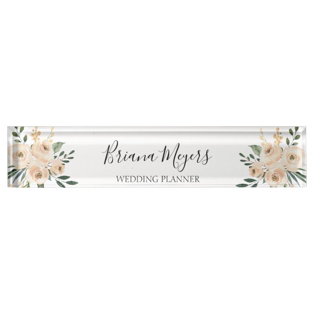 Watercolor Modern Blush Peach Hydrangeas Business Desk Name Plate (Front)