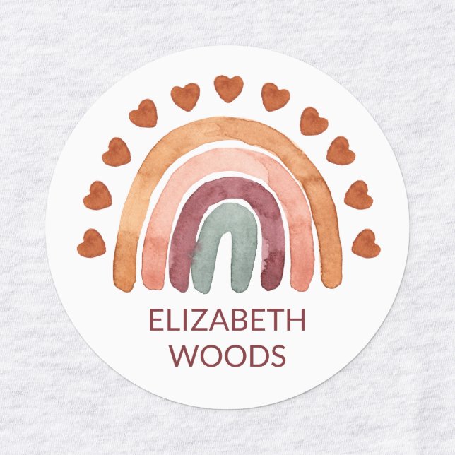 Watercolor Modern Boho Rainbow & Heart Name School Labels (Design 1)