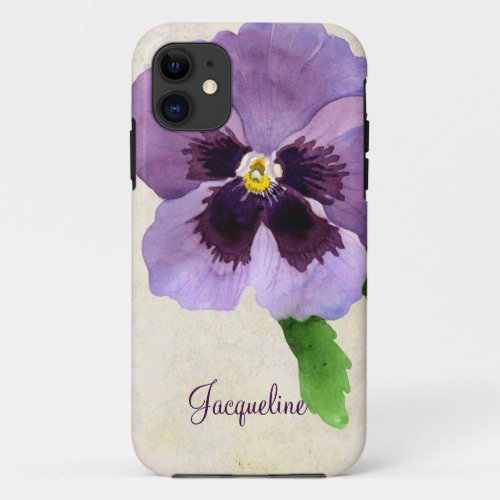 Watercolor Modern Bold Pansy Floral Personalized iPhone 11 Case