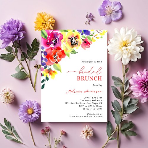 Watercolor Modern Bright Floral Bridal Brunch Invitation