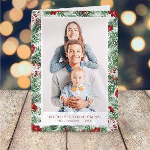 Watercolor Modern Christmas Foliage Botanicals Holiday Card