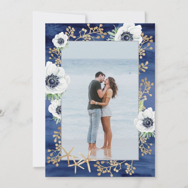 Watercolor Modern Deep Blue Anemone Flower Save The Date (Front)