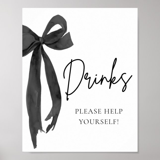 Watercolor Modern Elegant Black Bow Drinks Sign (Front)