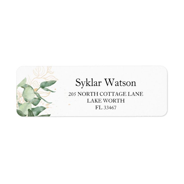 Watercolor Modern Eucalyptus Greenery Gold Leaves Label (Front)