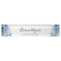 Watercolor Modern Floral Blue Hydrangeas Business Desk Name Plate