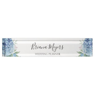 Watercolor Modern Floral Blue Hydrangeas Business Desk Name Plate
