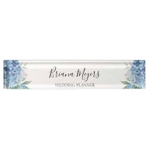 Watercolor Modern Floral Blue Hydrangeas Business Desk Name Plate