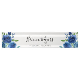 Watercolor Modern Floral Navy Blue Business Desk Name Plate
