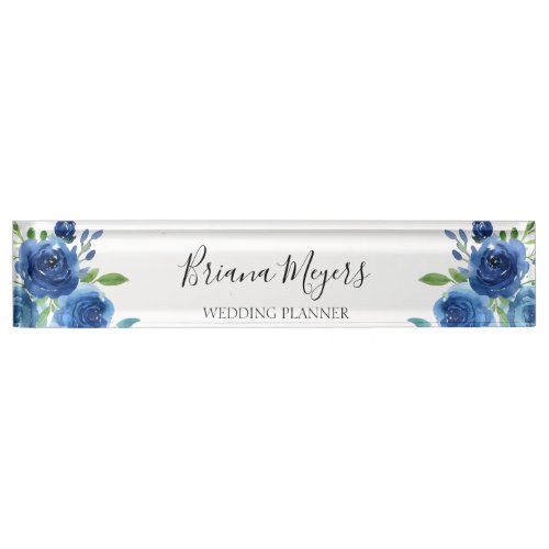 Watercolor Modern Floral Navy Blue Business Desk Name Plate