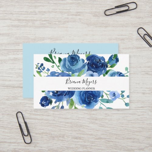 Watercolor Modern Floral Navy Blue Script Business Card