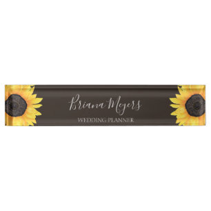 Watercolor Modern Floral Sunflower Brown Business Desk Name Plate